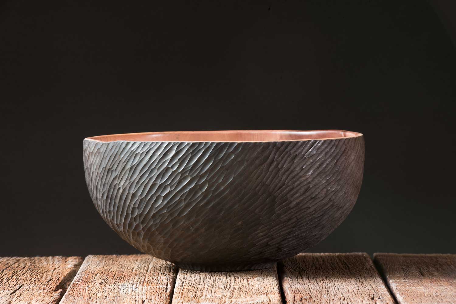 Hand-Carved-Ebonised-Pohutukawa-Bowl-No610 Three Legged Oak Wooden Bowl